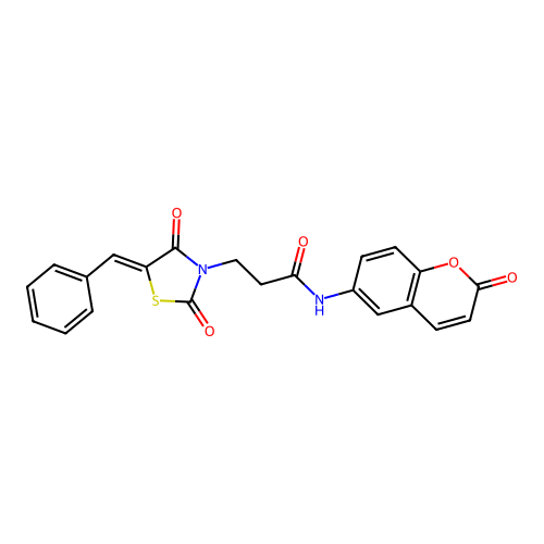 3-[(5Z)-5-benzylidene-2,4-dioxo-1,3-thiazolidin-3-yl]-N-(2-oxo-2H-chromen-6-yl)propanamide structure