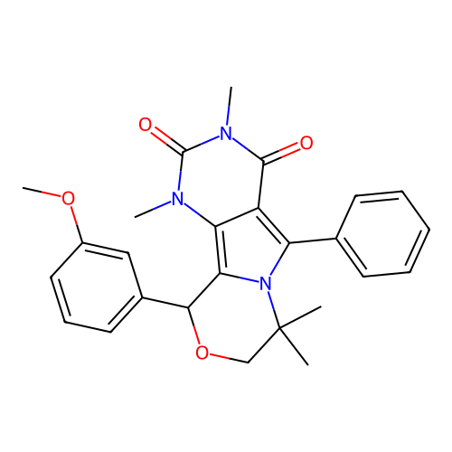 10-(3-methoxyphenyl)-1,3,7,7-tetramethyl-5-phenyl-1,7,8,10-tetrahydro-2H-pyrimido[4',5':3,4]pyrrolo[2,1-c][1,4]oxazine-2,4(3H)-dione structure