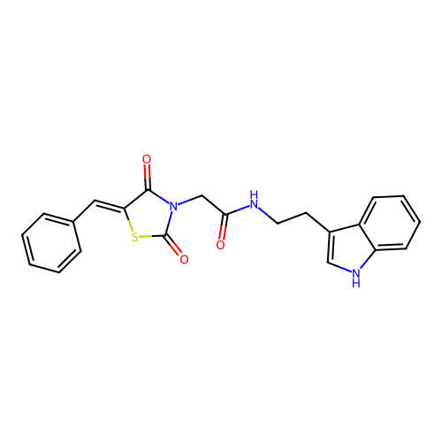 2-[(5Z)-5-benzylidene-2,4-dioxo-1,3-thiazolidin-3-yl]-N-[2-(1H-indol-3-yl)ethyl]acetamide structure