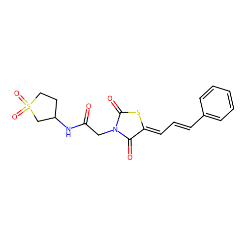 N-(1,1-dioxidotetrahydrothiophen-3-yl)-2-{(5Z)-2,4-dioxo-5-[(2E)-3-phenylprop-2-en-1-ylidene]-1,3-thiazolidin-3-yl}acetamide structure