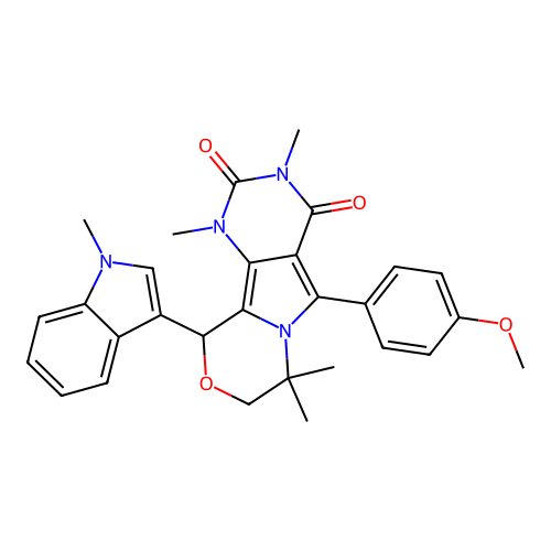 5-(4-methoxyphenyl)-1,3,7,7-tetramethyl-10-(1-methyl-1H-indol-3-yl)-1,7,8,10-tetrahydro-2H-pyrimido[4',5':3,4]pyrrolo[2,1-c][1,4]oxazine-2,4(3H)-dione structure