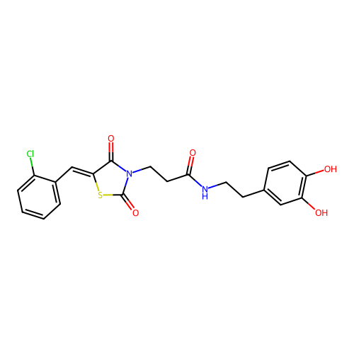 3-[(5Z)-5-(2-chlorobenzylidene)-2,4-dioxo-1,3-thiazolidin-3-yl]-N-[2-(3,4-dihydroxyphenyl)ethyl]propanamide structure