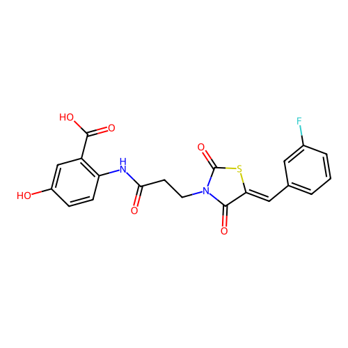 2-({3-[(5Z)-5-(3-fluorobenzylidene)-2,4-dioxo-1,3-thiazolidin-3-yl]propanoyl}amino)-5-hydroxybenzoic acid structure