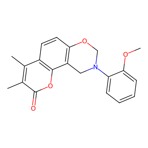 9-(2-methoxyphenyl)-3,4-dimethyl-8,10-dihydropyrano[2,3-f][1,3]benzoxazin-2-one structure