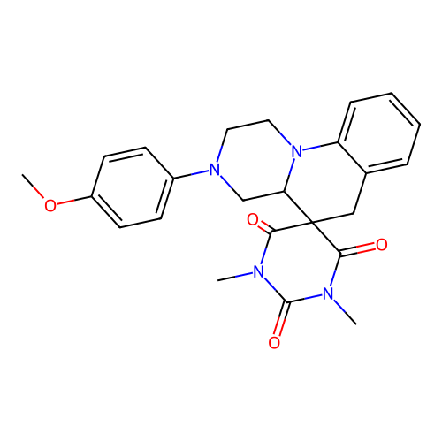 3'-(4-methoxyphenyl)-1,3-dimethylspiro[1,3-diazinane-5,5'-2,4,4a,6-tetrahydro-1H-pyrazino[1,2-a]quinoline]-2,4,6-trione structure