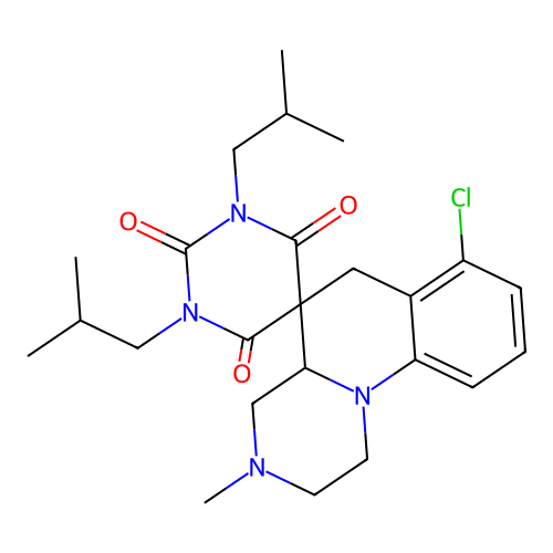 7'-chloro-3'-methyl-1,3-bis(2-methylpropyl)spiro[1,3-diazinane-5,5'-2,4,4a,6-tetrahydro-1H-pyrazino[1,2-a]quinoline]-2,4,6-trione structure