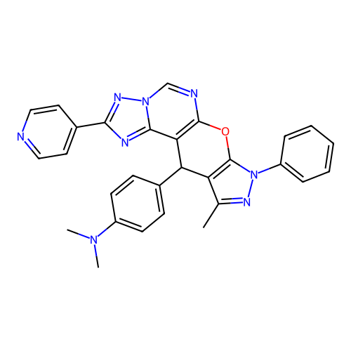 N,N-dimethyl-4-(10-methyl-8-phenyl-2-(pyridin-4-yl)-8,11-dihydropyrazolo[4',3':5,6]pyrano[3,2-e][1,2,4]triazolo[1,5-c]pyrimidin-11-yl)aniline structure