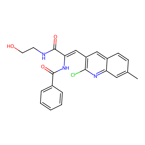 (Z)-N-(1-(2-chloro-7-methylquinolin-3-yl)-3-((2-hydroxyethyl)amino)-3-oxoprop-1-en-2-yl)benzamide structure