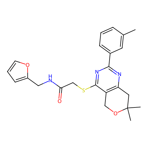 2-((7,7-dimethyl-2-(m-tolyl)-7,8-dihydro-5H-pyrano[4,3-d]pyrimidin-4-yl)thio)-N-(furan-2-ylmethyl)acetamide structure