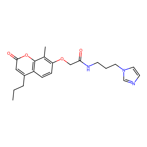 N-(3-imidazol-1-ylpropyl)-2-(8-methyl-2-oxo-4-propylchromen-7-yl)oxyacetamide structure