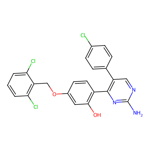 2-(2-Amino-5-(4-chlorophenyl)pyrimidin-4-yl)-5-((2,6-dichlorobenzyl)oxy)phenol structure