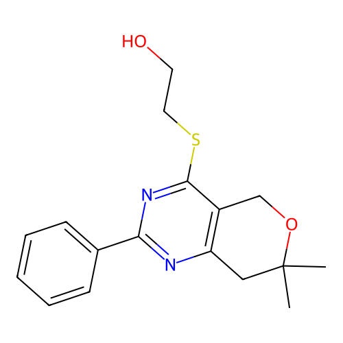 2-[(7,7-dimethyl-2-phenyl-5,8-dihydropyrano[4,3-d]pyrimidin-4-yl)sulfanyl]ethanol structure