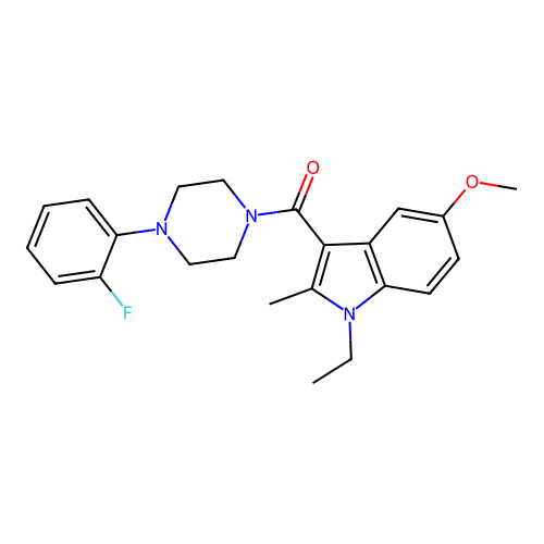 (1-ethyl-5-methoxy-2-methyl-1H-indol-3-yl)(4-(2-fluorophenyl)piperazin-1-yl)methanone structure