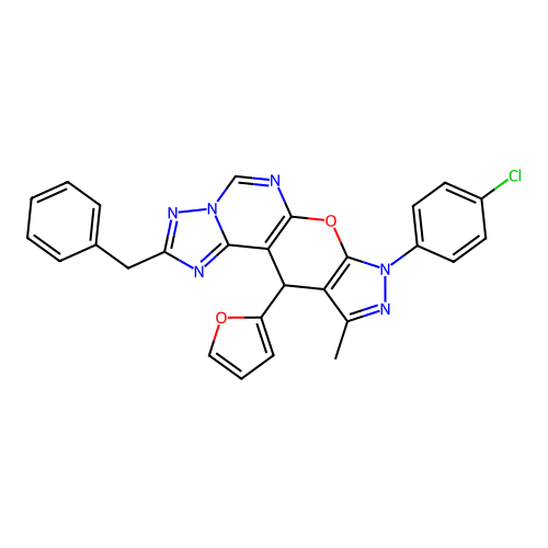 2-benzyl-8-(4-chlorophenyl)-11-(furan-2-yl)-10-methyl-8,11-dihydropyrazolo[4',3':5,6]pyrano[3,2-e][1,2,4]triazolo[1,5-c]pyrimidine structure