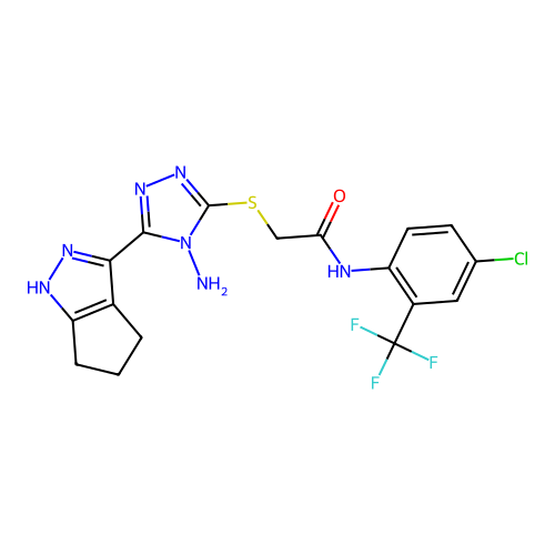 2-((4-amino-5-(1,4,5,6-tetrahydrocyclopenta[c]pyrazol-3-yl)-4H-1,2,4-triazol-3-yl)thio)-N-(4-chloro-2-(trifluoromethyl)phenyl)acetamide structure