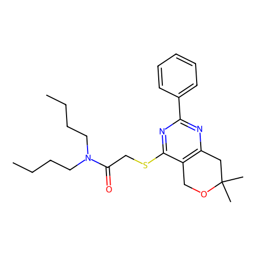 N,N-dibutyl-2-((7,7-dimethyl-2-phenyl-7,8-dihydro-5H-pyrano[4,3-d]pyrimidin-4-yl)thio)acetamide structure