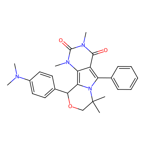 10-(4-(dimethylamino)phenyl)-1,3,7,7-tetramethyl-5-phenyl-7,8-dihydro-1H-pyrimido[4',5':3,4]pyrrolo[2,1-c][1,4]oxazine-2,4(3H,10H)-dione structure