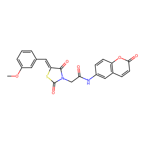 2-[(5Z)-5-(3-methoxybenzylidene)-2,4-dioxo-1,3-thiazolidin-3-yl]-N-(2-oxo-2H-chromen-6-yl)acetamide structure