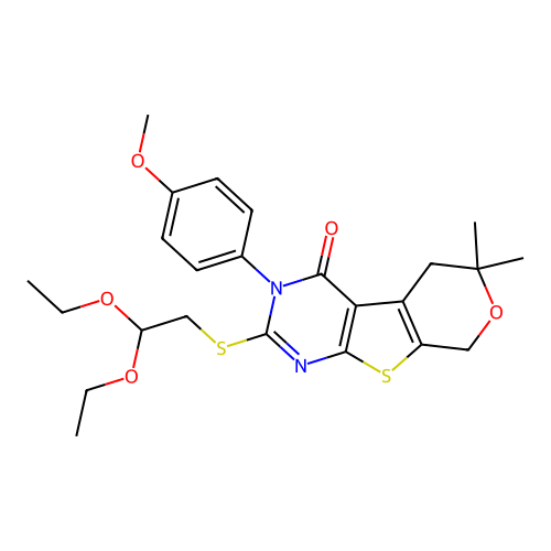 2-((2,2-diethoxyethyl)thio)-3-(4-methoxyphenyl)-6,6-dimethyl-5,6-dihydro-3H-pyrano[4',3':4,5]thieno[2,3-d]pyrimidin-4(8H)-one structure