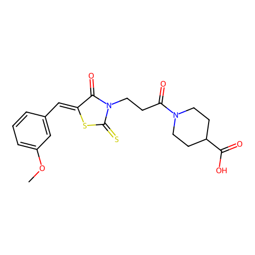 1-{3-[(5Z)-5-(3-methoxybenzylidene)-4-oxo-2-thioxo-1,3-thiazolidin-3-yl]propanoyl}piperidine-4-carboxylic acid structure