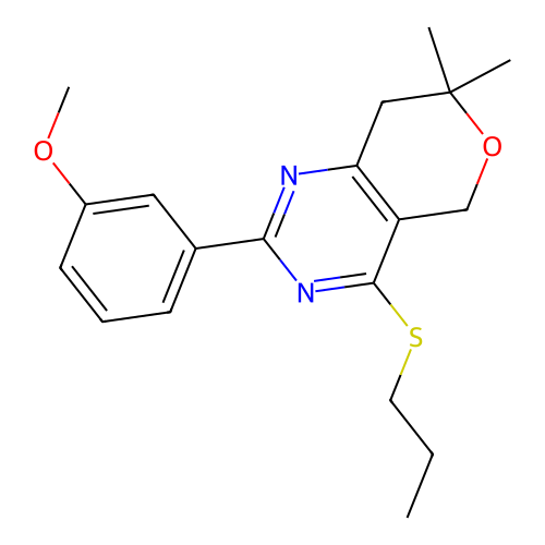 2-(3-methoxyphenyl)-7,7-dimethyl-4-(propylthio)-7,8-dihydro-5H-pyrano[4,3-d]pyrimidine structure