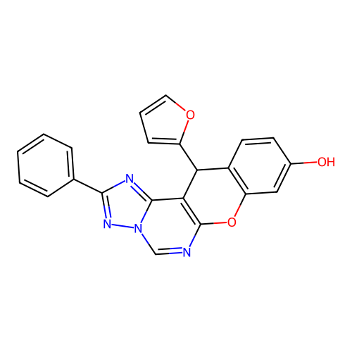 12-(furan-2-yl)-2-phenyl-12H-chromeno[3,2-e][1,2,4]triazolo[1,5-c]pyrimidin-9-ol structure