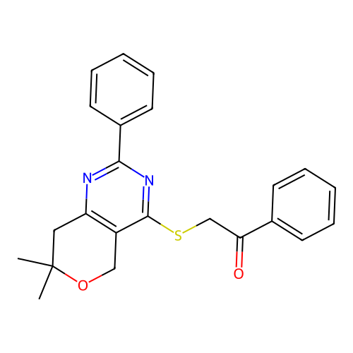 2-((7,7-dimethyl-2-phenyl-7,8-dihydro-5H-pyrano[4,3-d]pyrimidin-4-yl)thio)-1-phenylethanone structure
