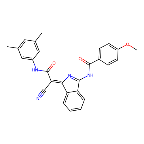 N-[3-[cyano-[(3,5-dimethylphenyl)carbamoyl]methylidene]isoindol-1-yl]-4-methoxy-benzamide structure