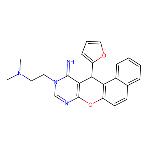 2-(12-(furan-2-yl)-11-imino-11,12-dihydro-10H-benzo[5,6]chromeno[2,3-d]pyrimidin-10-yl)-N,N-dimethylethanamine structure