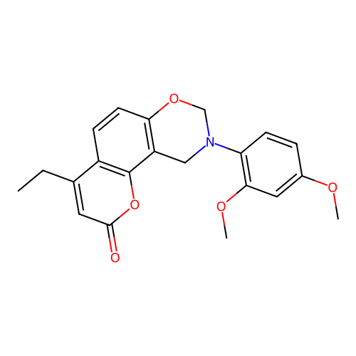 9-(2,4-dimethoxyphenyl)-4-ethyl-8,10-dihydropyrano[2,3-f][1,3]benzoxazin-2-one structure
