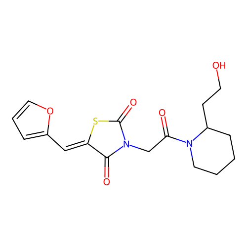(5Z)-5-(furan-2-ylmethylidene)-3-{2-[2-(2-hydroxyethyl)piperidin-1-yl]-2-oxoethyl}-1,3-thiazolidine-2,4-dione structure