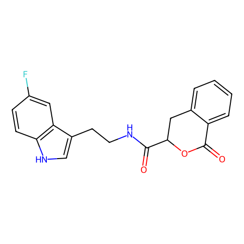 N-[2-(5-fluoro-1H-indol-3-yl)ethyl]-1-oxo-3,4-dihydro-1H-isochromene-3-carboxamide structure