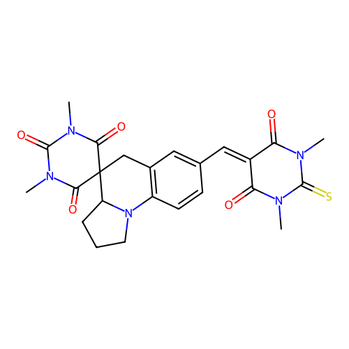 7'-((1,3-dimethyl-4,6-dioxo-2-thioxotetrahydropyrimidin-5(2H)-ylidene)methyl)-1,3-dimethyl-2',3',3a',5'-tetrahydro-1H,1'H-spiro[pyrimidine-5,4'-pyrrolo[1,2-a]quinoline]-2,4,6(3H)-trione structure