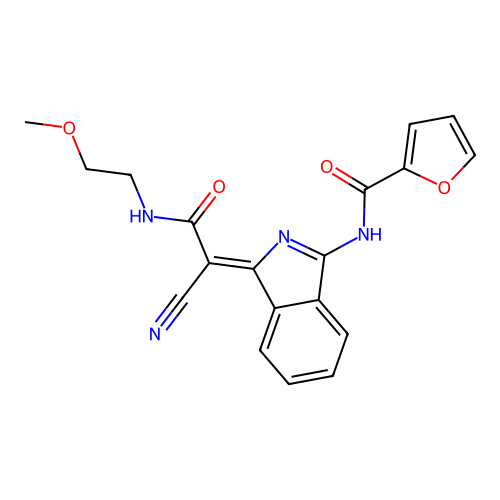 (Z)-N-(1-(1-cyano-2-((2-methoxyethyl)amino)-2-oxoethylidene)-1H-isoindol-3-yl)furan-2-carboxamide structure