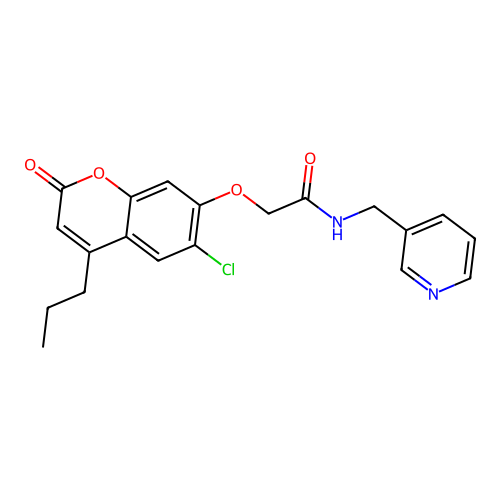 2-[(6-chloro-2-oxo-4-propyl-2H-chromen-7-yl)oxy]-N-(pyridin-3-ylmethyl)acetamide structure