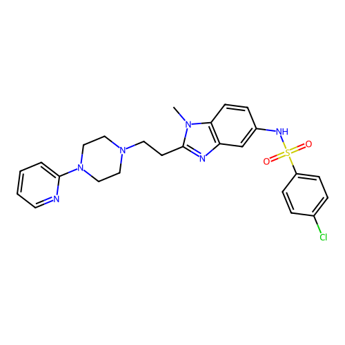4-chloro-N-(1-methyl-2-(2-(4-(pyridin-2-yl)piperazin-1-yl)ethyl)-1H-benzo[d]imidazol-5-yl)benzenesulfonamide structure
