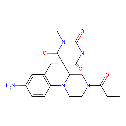 8'-amino-1,3-dimethyl-3'-propanoylspiro[1,3-diazinane-5,5'-2,4,4a,6-tetrahydro-1H-pyrazino[1,2-a]quinoline]-2,4,6-trione structure