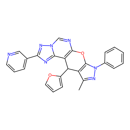 11-(furan-2-yl)-10-methyl-8-phenyl-2-(pyridin-3-yl)-8,11-dihydropyrazolo[4',3':5,6]pyrano[3,2-e][1,2,4]triazolo[1,5-c]pyrimidine structure