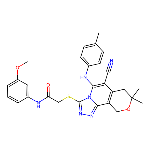 2-((6-cyano-8,8-dimethyl-5-(p-tolylamino)-8,10-dihydro-7H-pyrano[3,4-c][1,2,4]triazolo[4,3-a]pyridin-3-yl)thio)-N-(3-methoxyphenyl)acetamide structure