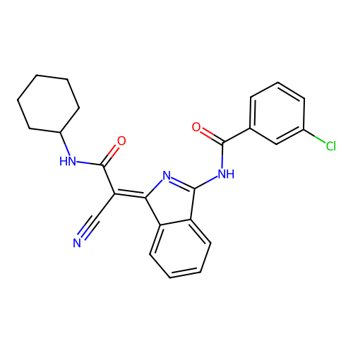 3-chloro-N-[(3Z)-3-[1-cyano-2-(cyclohexylamino)-2-oxoethylidene]isoindol-1-yl]benzamide structure