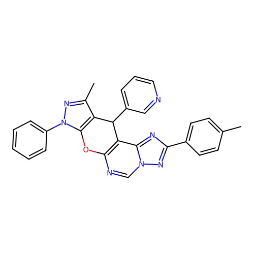 10-methyl-2-(4-methylphenyl)-8-phenyl-11-(pyridin-3-yl)-8,11-dihydropyrazolo[4',3':5,6]pyrano[3,2-e][1,2,4]triazolo[1,5-c]pyrimidine structure