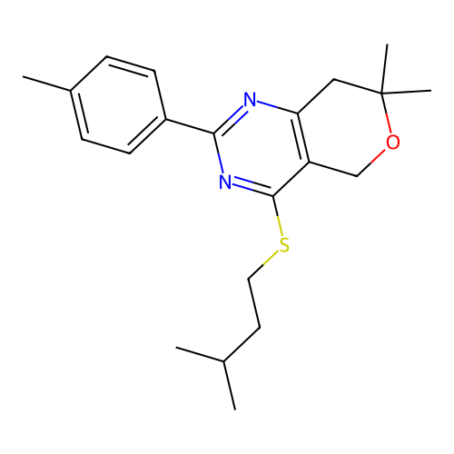 4-(isopentylthio)-7,7-dimethyl-2-(p-tolyl)-7,8-dihydro-5H-pyrano[4,3-d]pyrimidine structure