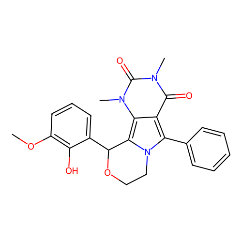 10-(2-hydroxy-3-methoxyphenyl)-1,3-dimethyl-5-phenyl-1,7,8,10-tetrahydro-2H-pyrimido[4',5':3,4]pyrrolo[2,1-c][1,4]oxazine-2,4(3H)-dione structure