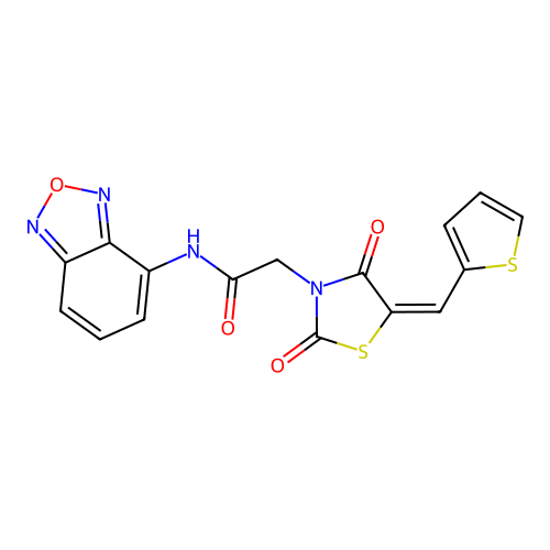 N-(2,1,3-benzoxadiazol-4-yl)-2-[(5E)-2,4-dioxo-5-(thiophen-2-ylmethylidene)-1,3-thiazolidin-3-yl]acetamide structure