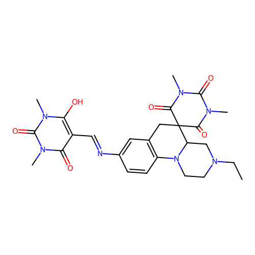 8'-[(1,3-dimethyl-2,4,6-trioxo-1,3-diazinan-5-ylidene)methylamino]-3'-ethyl-1,3-dimethylspiro[1,3-diazinane-5,5'-2,4,4a,6-tetrahydro-1H-pyrazino[1,2-a]quinoline]-2,4,6-trione structure