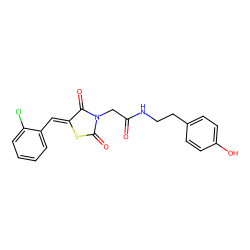 2-[(5Z)-5-(2-chlorobenzylidene)-2,4-dioxo-1,3-thiazolidin-3-yl]-N-[2-(4-hydroxyphenyl)ethyl]acetamide structure