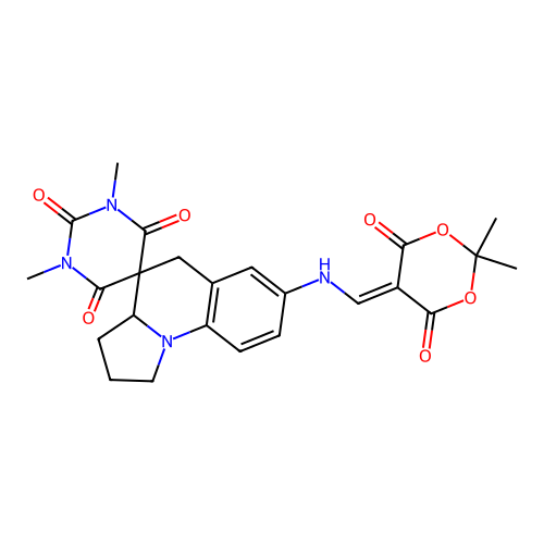 7'-(((2,2-dimethyl-4,6-dioxo-1,3-dioxan-5-ylidene)methyl)amino)-1,3-dimethyl-2',3',3a',5'-tetrahydro-1H,1'H-spiro[pyrimidine-5,4'-pyrrolo[1,2-a]quinoline]-2,4,6(3H)-trione structure