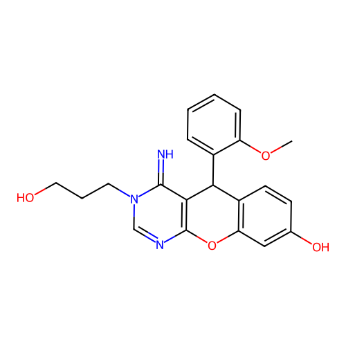 3-(3-hydroxypropyl)-4-imino-5-(2-methoxyphenyl)-5H-chromeno[2,3-d]pyrimidin-8-ol structure