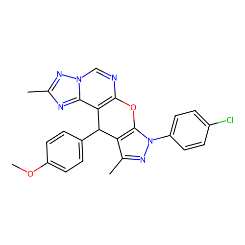 8-(4-chlorophenyl)-11-(4-methoxyphenyl)-2,10-dimethyl-8,11-dihydropyrazolo[4',3':5,6]pyrano[3,2-e][1,2,4]triazolo[1,5-c]pyrimidine structure