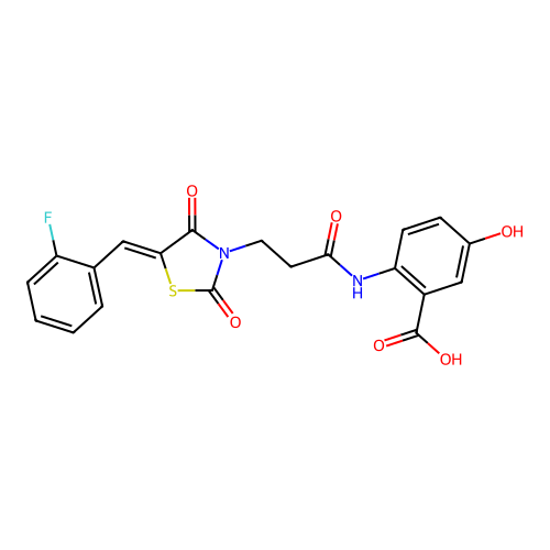 2-({3-[(5Z)-5-(2-fluorobenzylidene)-2,4-dioxo-1,3-thiazolidin-3-yl]propanoyl}amino)-5-hydroxybenzoic acid structure